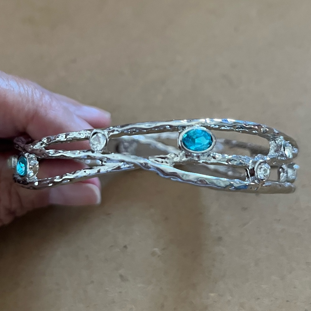 Silver Tone Rhinestone Large Bangle Bracelet - image 6